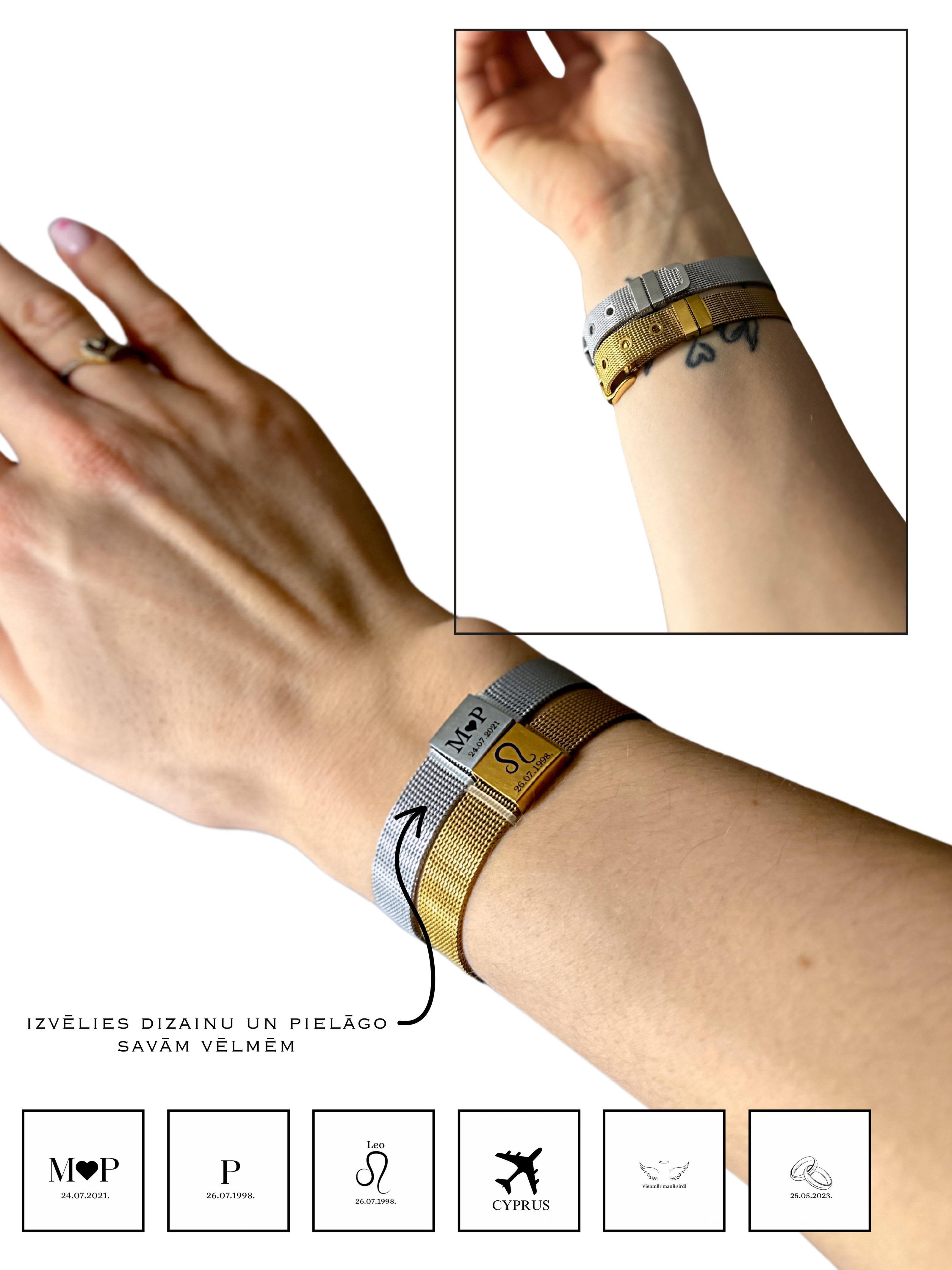 Zodiaka zīmes rokassprādze. Pāra iniciāļu rokassprādze. Casual elegance rokasspradzes uz sievietes rokas.